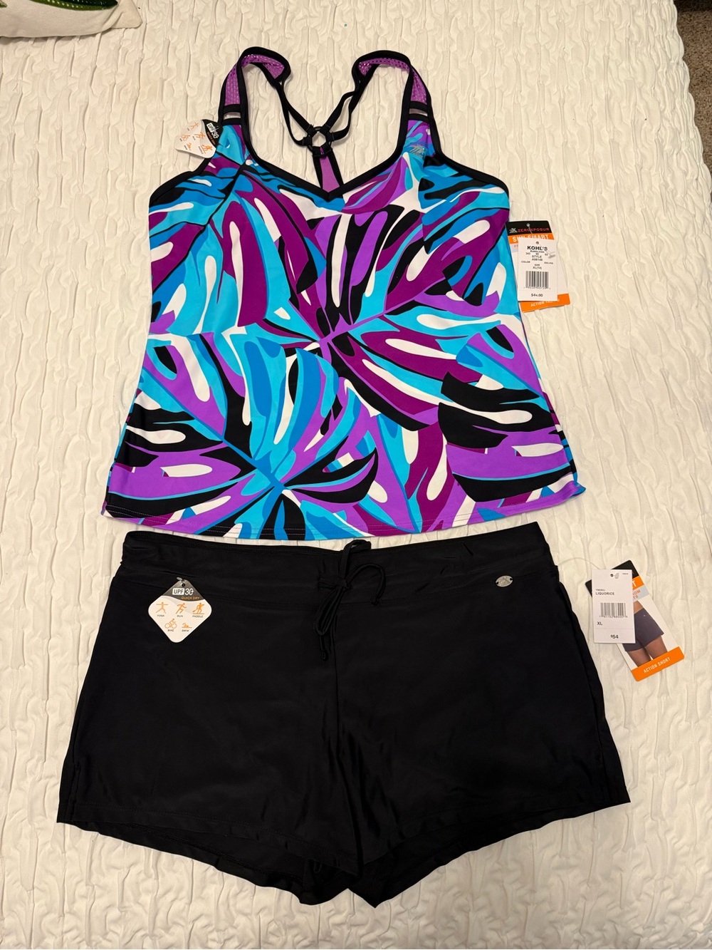 ZeroXposur Purple Blue Black Patterned Tankini Top with Black Swim Shorts
